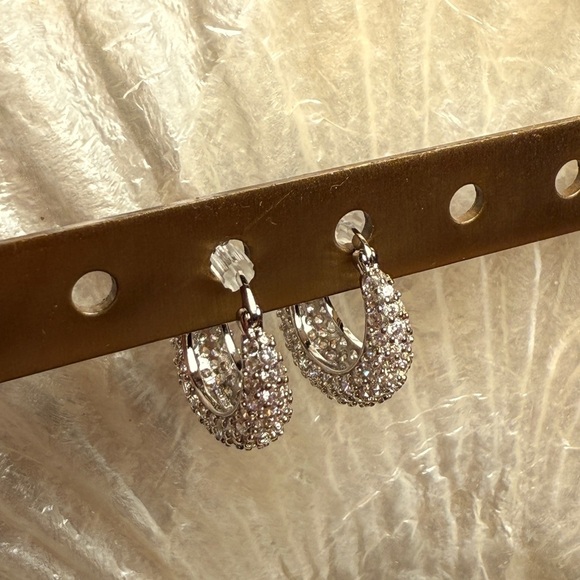 Silver Sparkling Hoop Earrings with Pavé Crystals - Picture 2 of 5